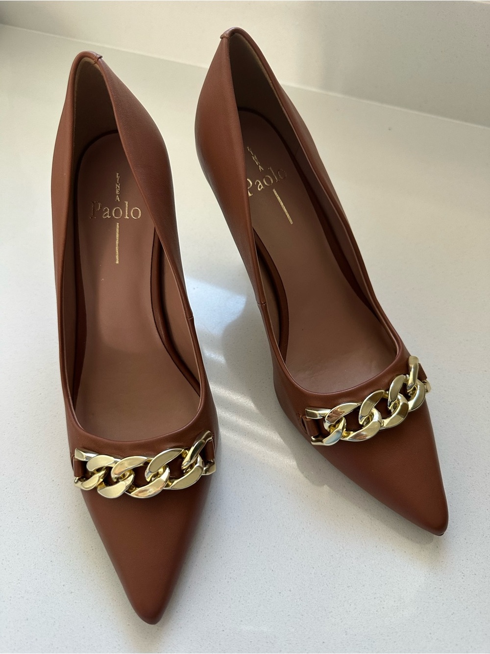 Paolo Brown Pointed Toe Pumps with Gold Chain